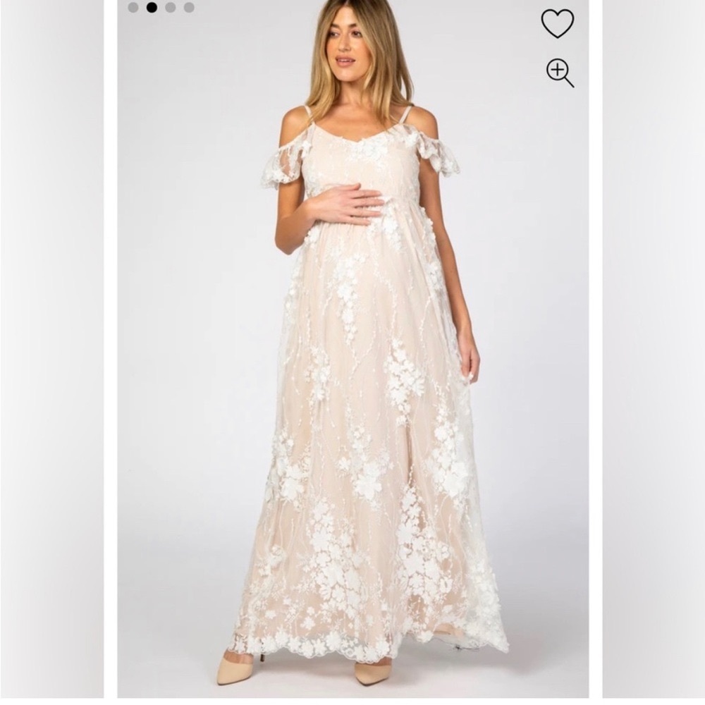 Pink Blush Ivory Floral Embroidered Mesh Maternity Evening Gown